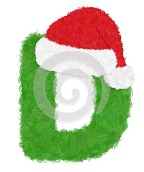 3D Ã¢â¬ÅGreen wool fur feather letterÃ¢â¬Â creative decorative with Red Christmas hat, Character D isolated in white background